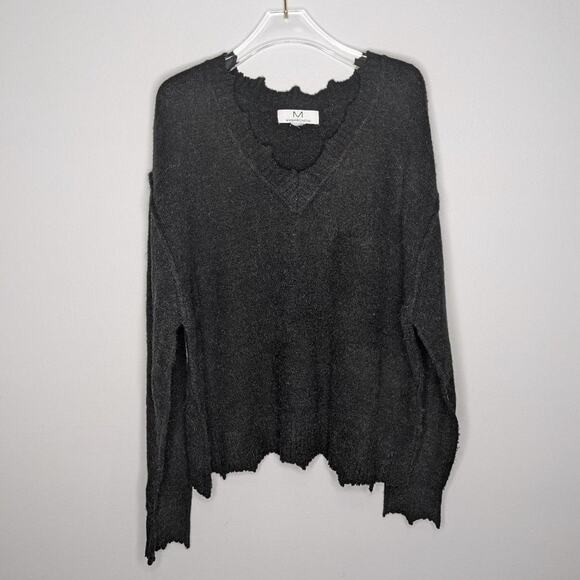 Magaschoni Women's Black V-Neck Raw Scalloped Edge Sweater - Picture 1 of 7